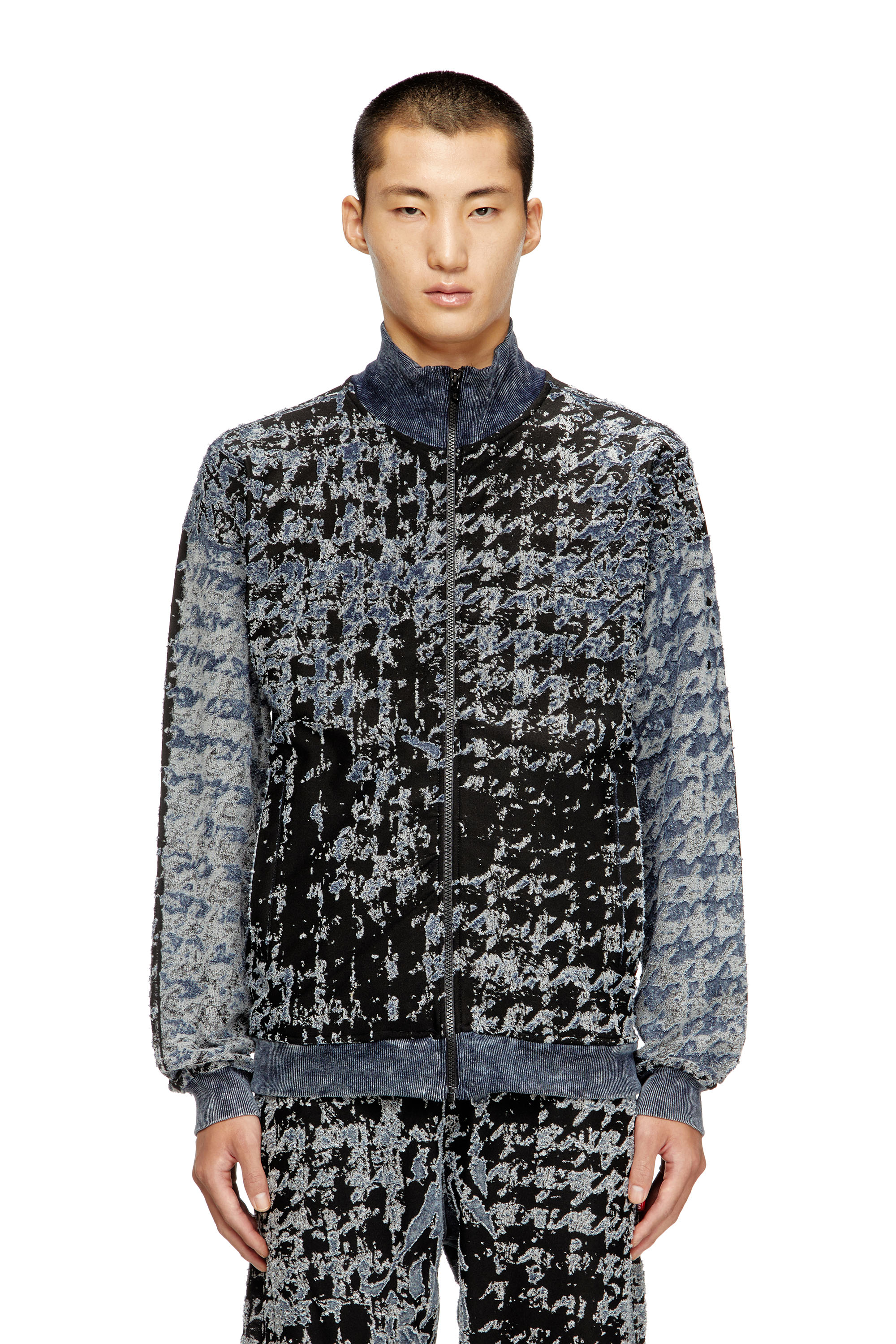 Diesel - S-CORR, Man's Devoré houndstooth zip-up top in Black/Blue - 3