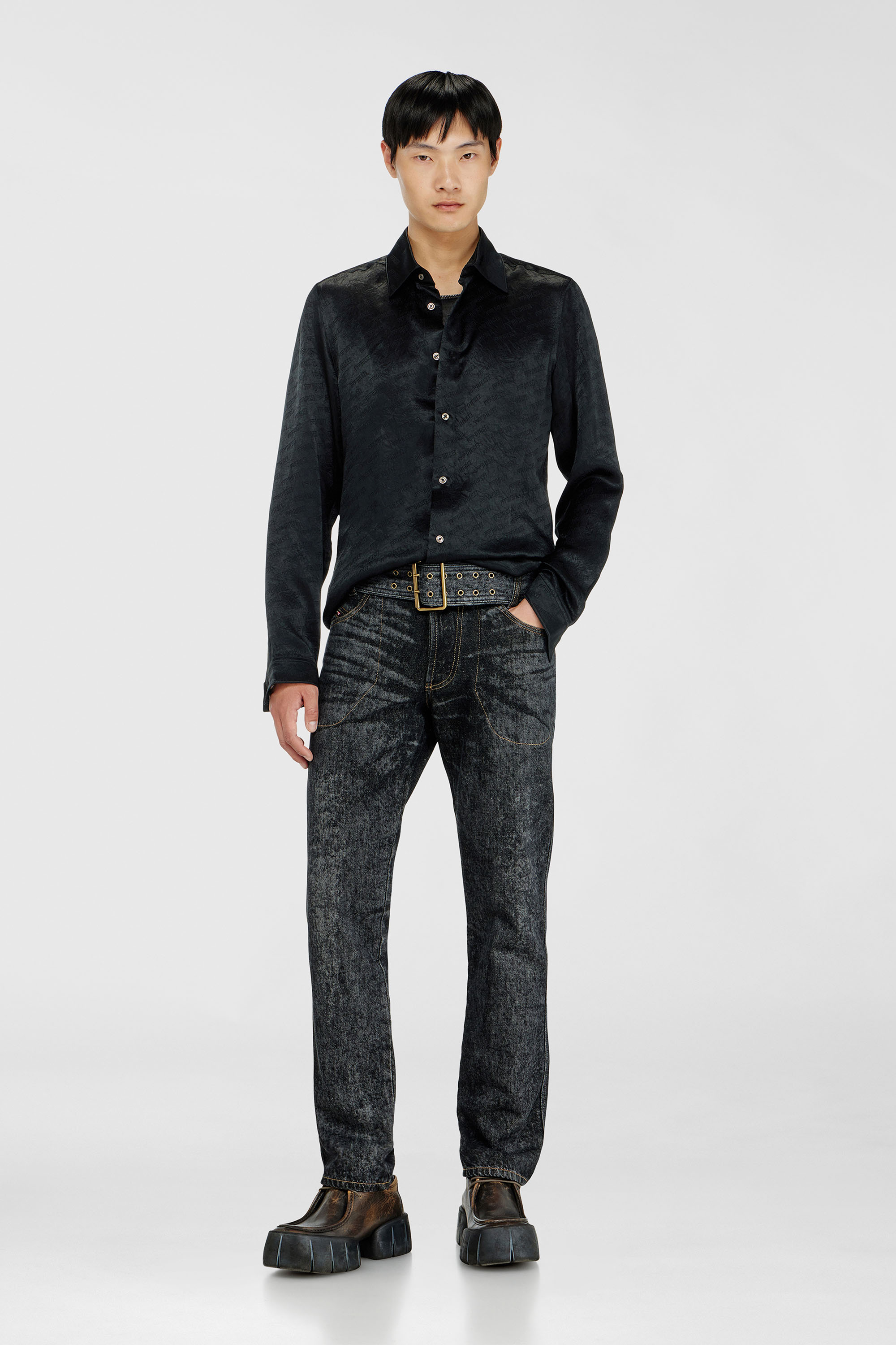 Diesel - S-KINNY-EFBZ, Man's Shirt in logo-jacquard crinkled satin in Black - 1