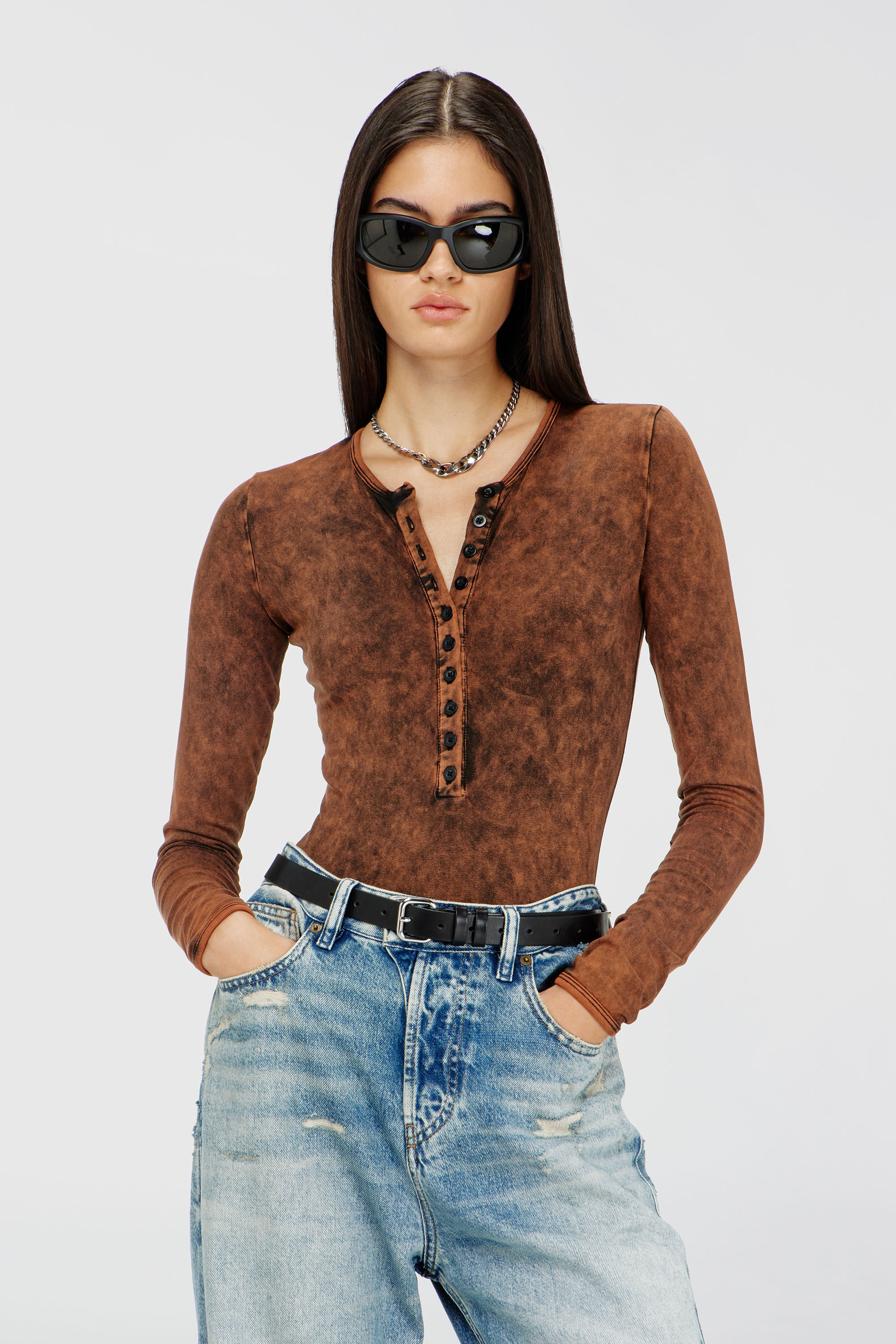 Diesel - FRESYA-DNM, Woman's Cotton bodysuit with buttoned front in Brown - 2