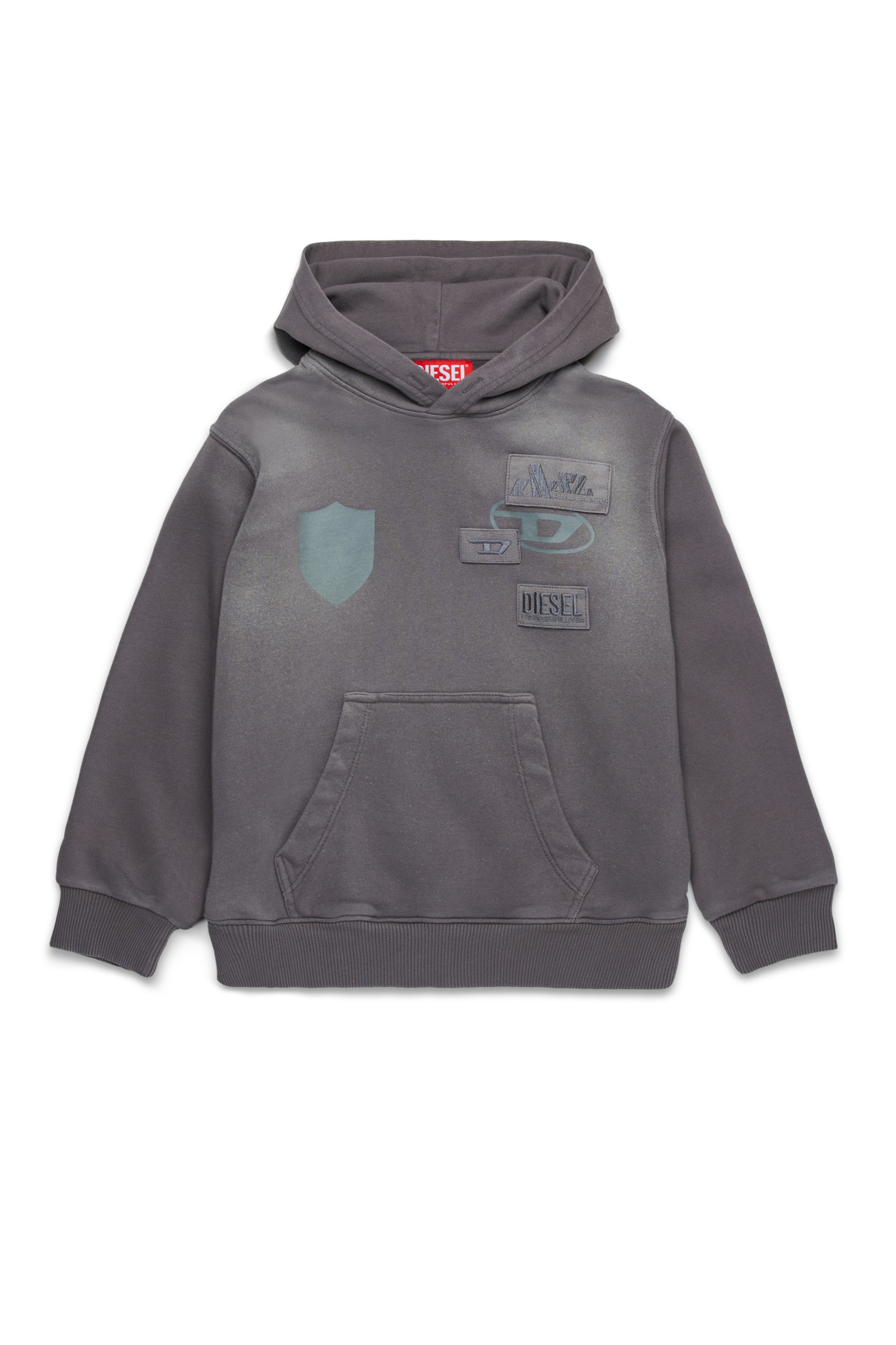 Diesel - SMACCYHOOD OVER, Man's Faded hoodie with logo patches in Grey - 1