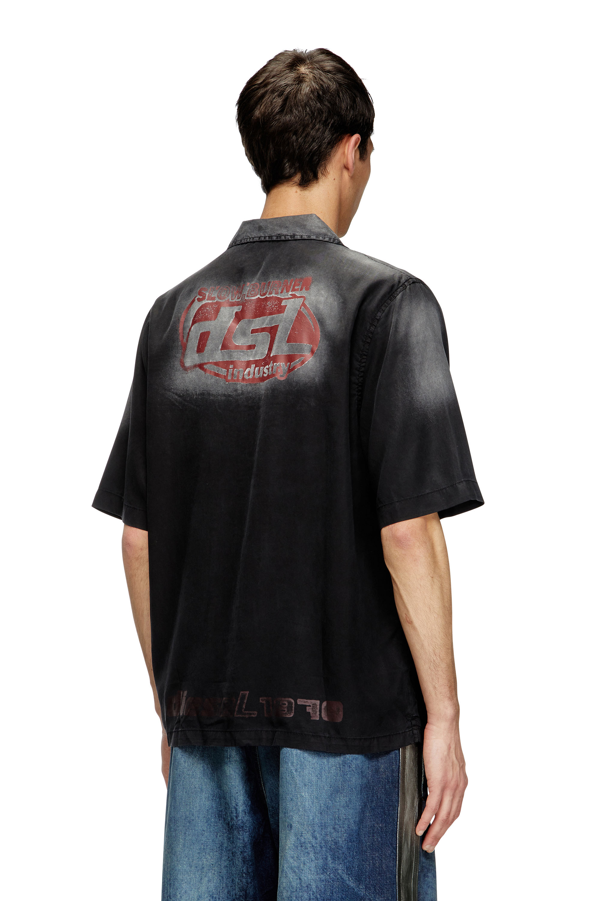 Diesel - S-ELLY, Man's Faded bowling shirt with logo prints in Black - 3