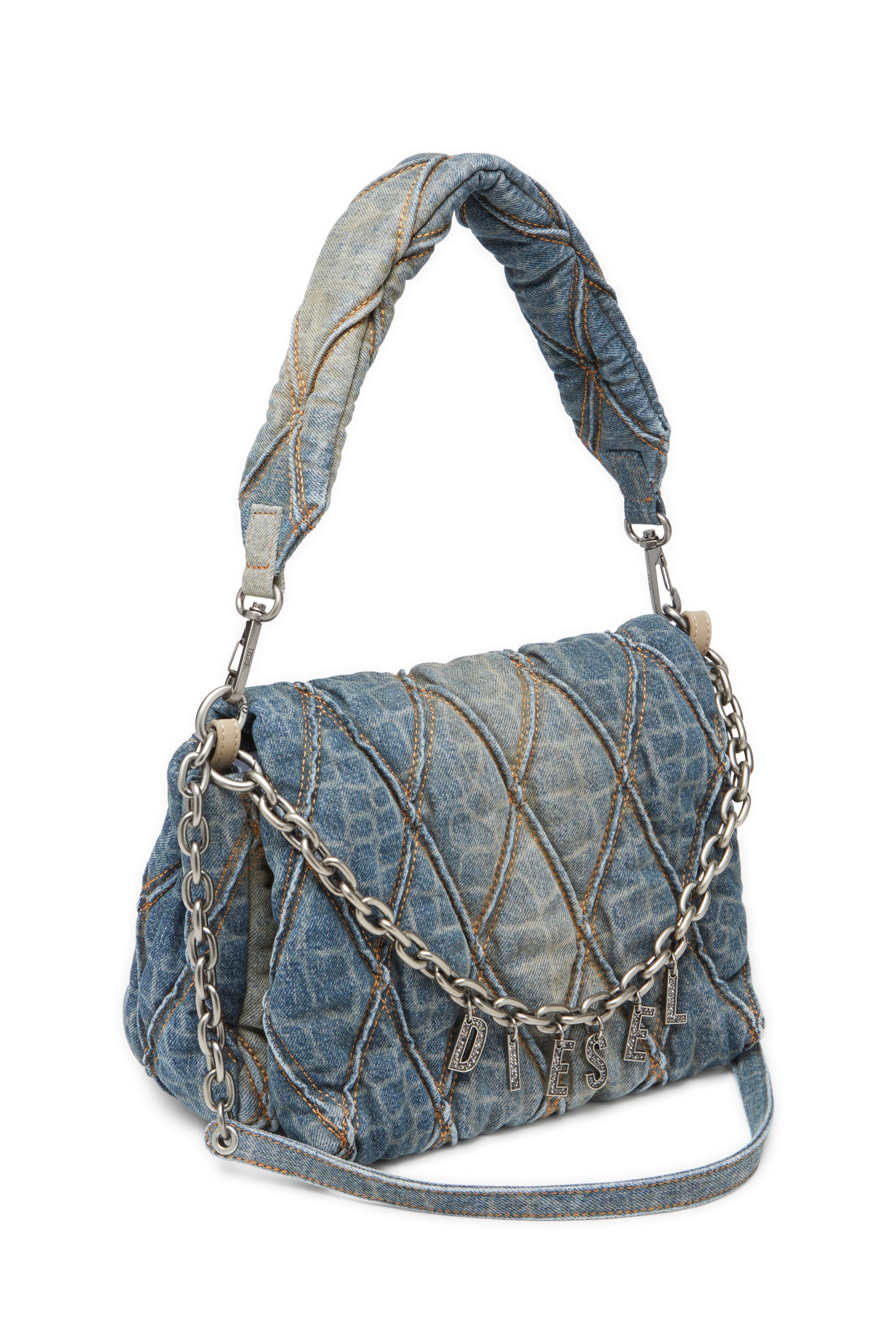 Diesel - CNY CHARM-D SHOULDER M, Woman's Shoulder bag in snake-print quilted denim in Blue - 5