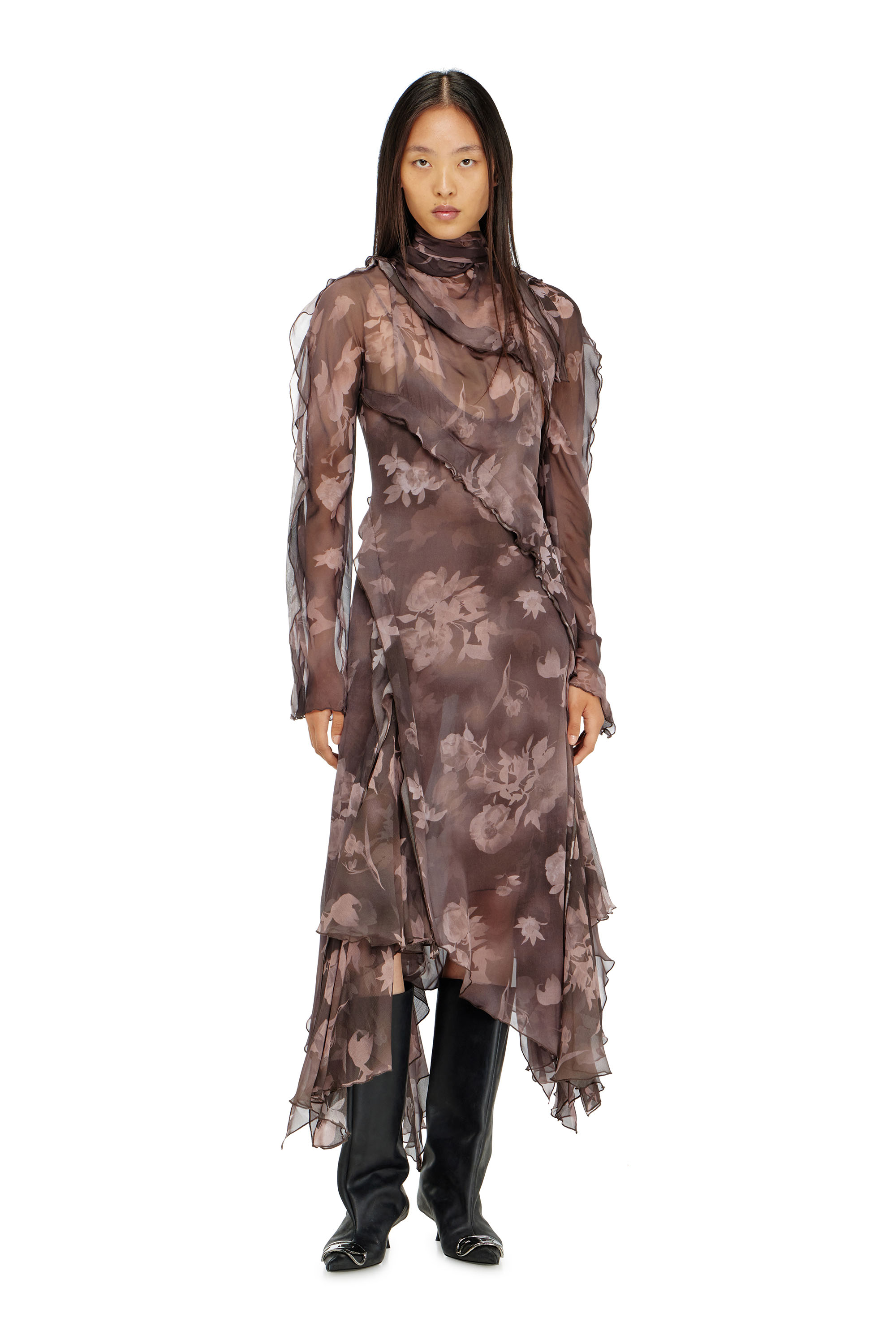 Diesel - D-RIADI, Woman's Asymmetric midi dress in chiffon and silk-crepe in Brown - 2