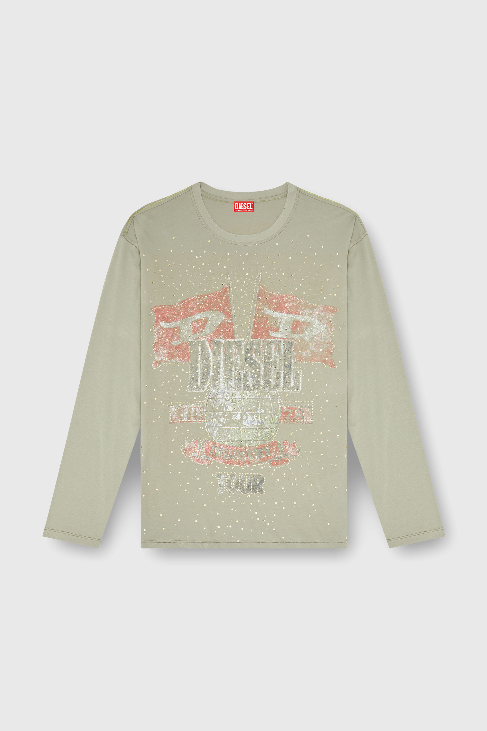 Diesel - T-GERI-LS-A, Man's Long-sleeve T-shirt with concert graphics and crystals in Olive Green - 2