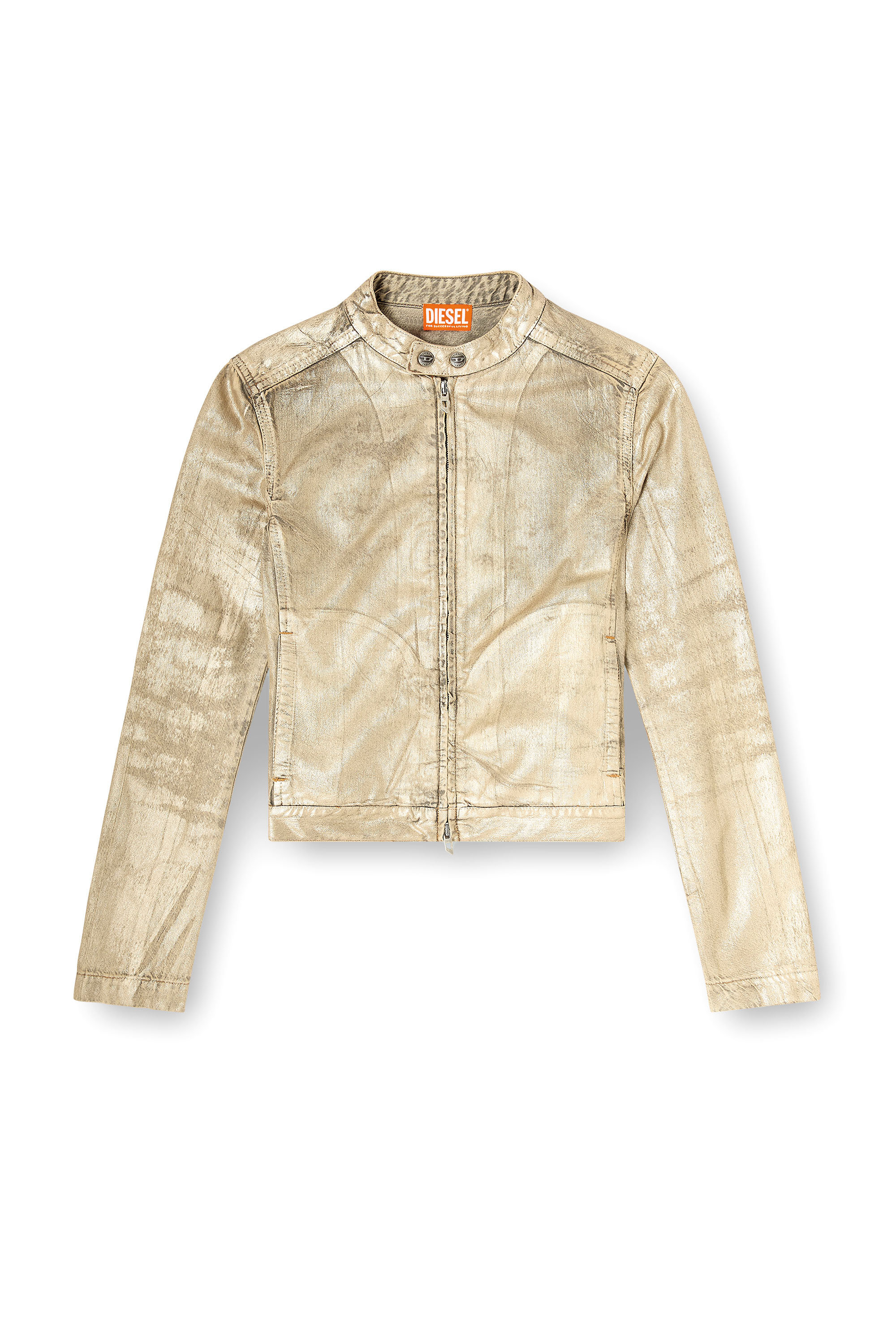 Diesel - DE-MORNIN-KG, Woman's Moto jacket in distressed metallic denim in Gold - 2