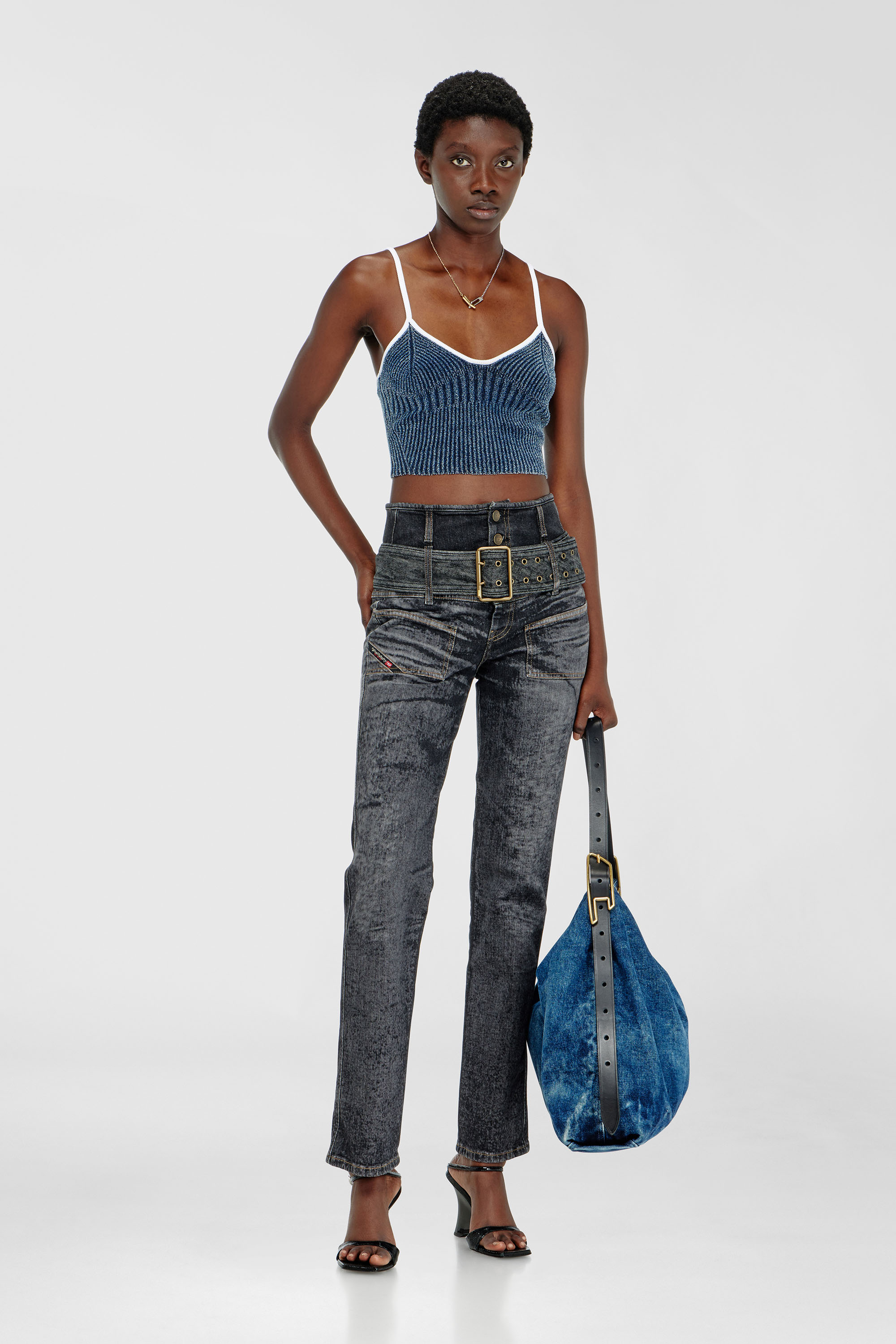Diesel - M-ESTERE, Woman's Crop top in indigo boucl&eacute; ribbed knit in Blue/White - 1