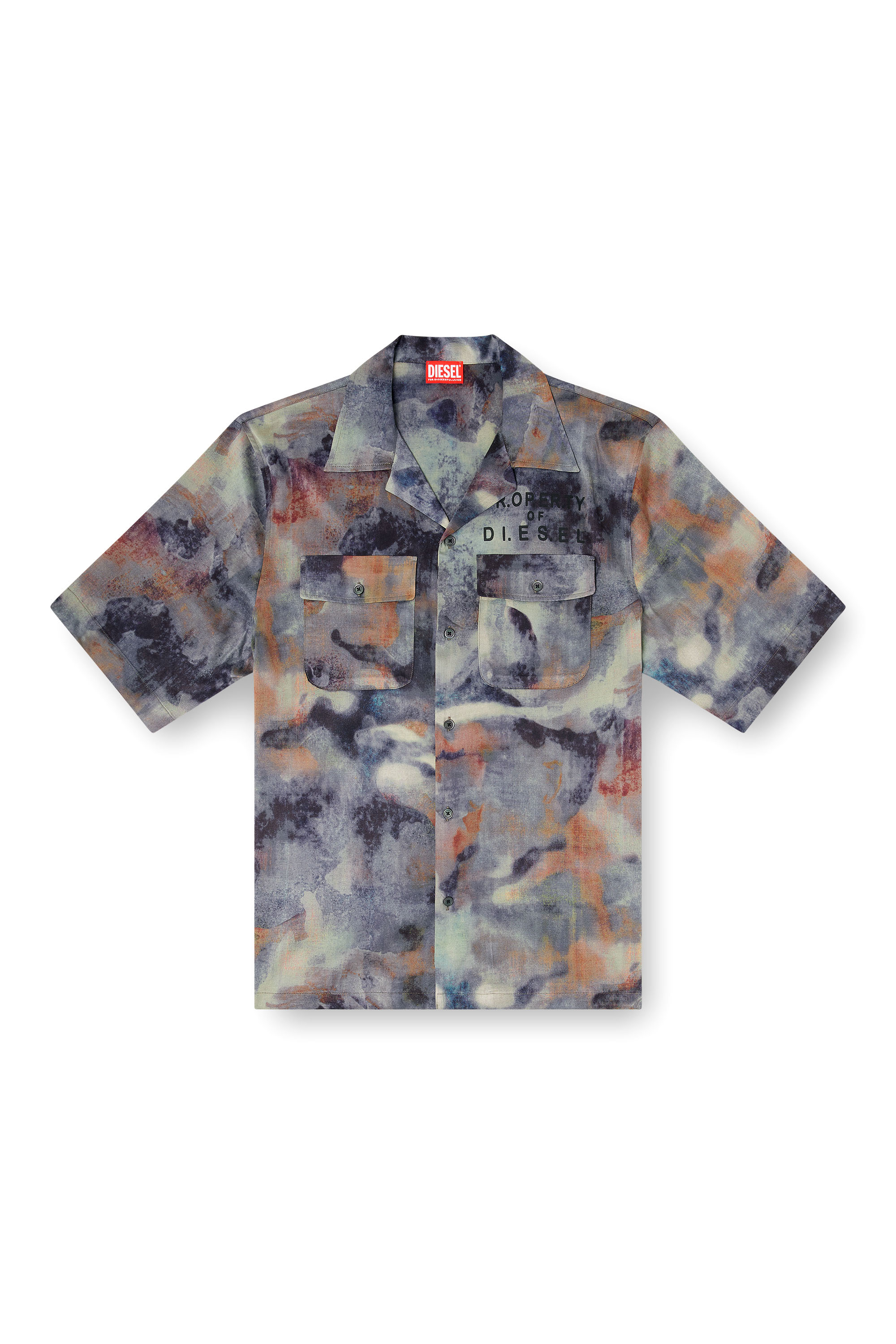 Diesel - S-BRACK-DMBN, Man's Satin shirt with all-over camo print in Blue/Brown - 2