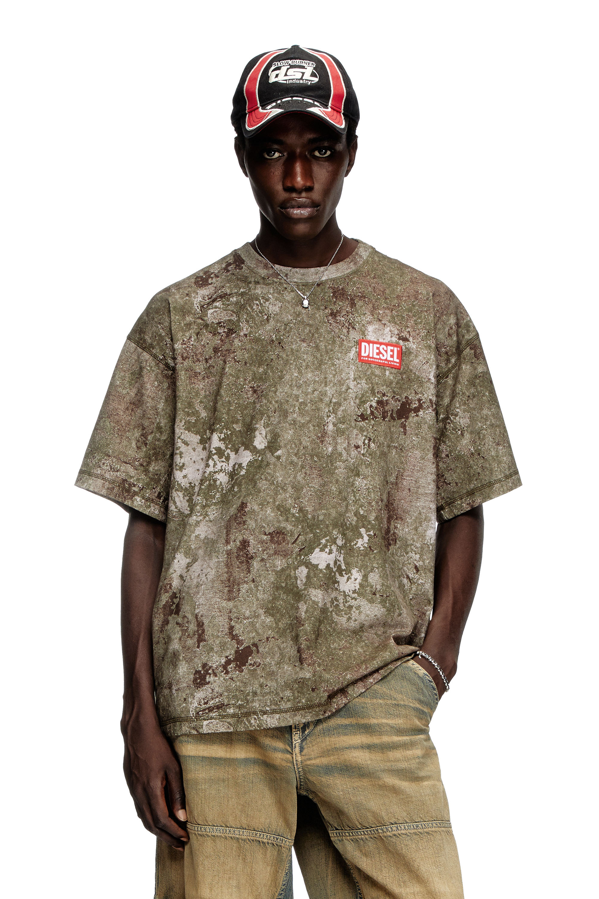 Diesel - T-BOXT-R12, Man's Marble-effect burnout T-shirt in Military Green - 1