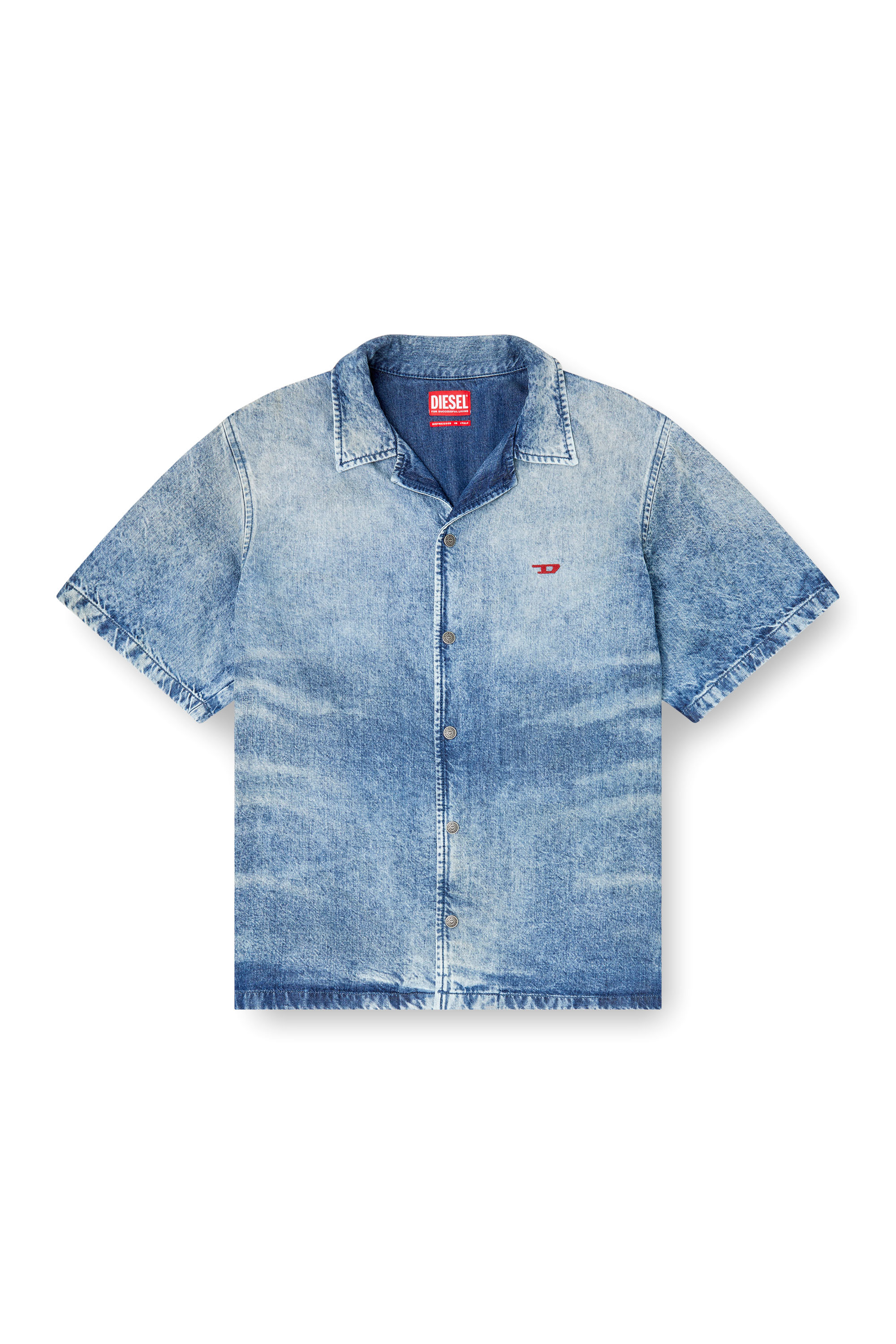 Diesel - D-NABIL-FSG, Man's Bowling shirt in distressed denim in Medium blue - 2