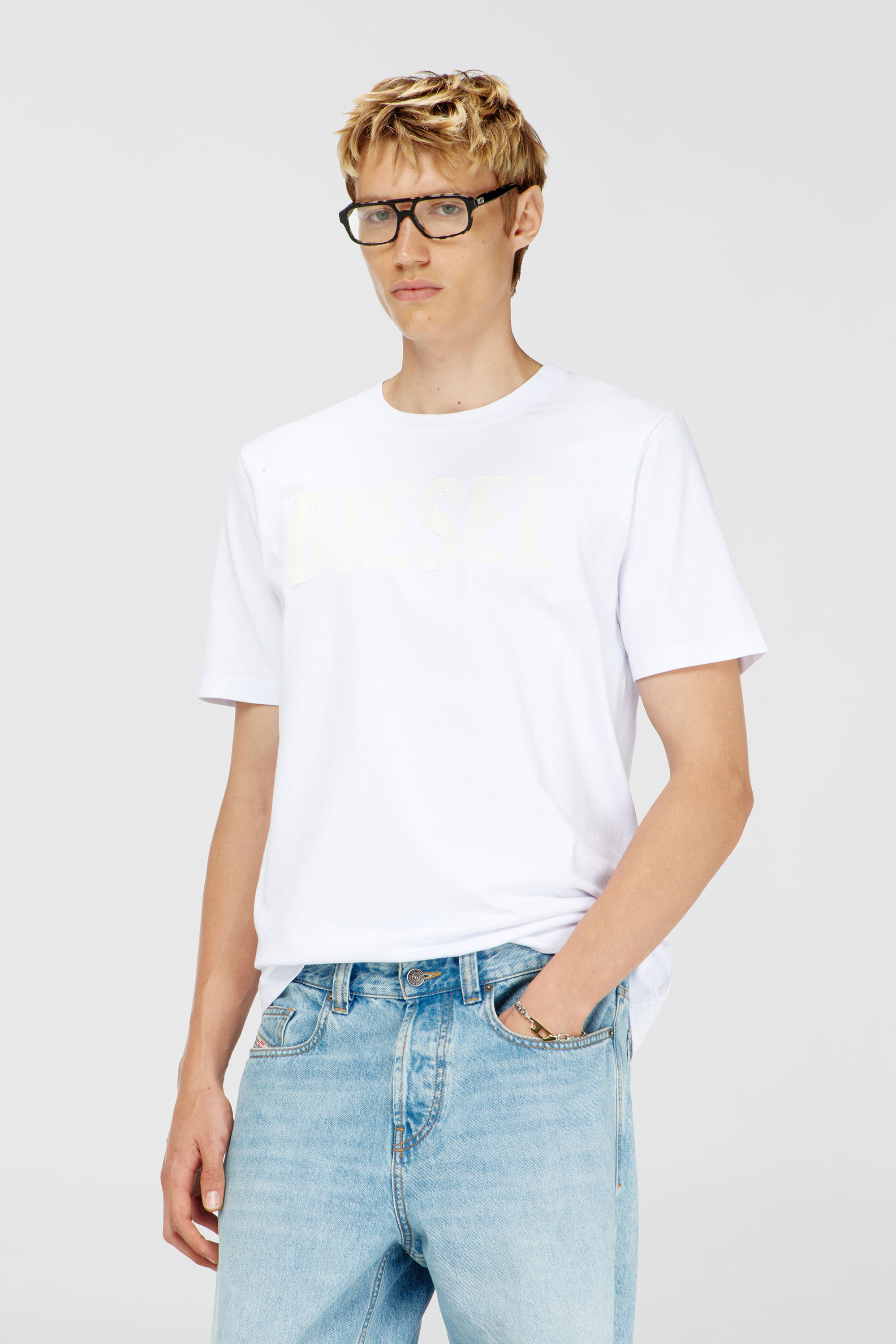 Diesel - T-JUST-APP-T92, Man's Cotton T-shirt with tonal Diesel logo print in White - 1