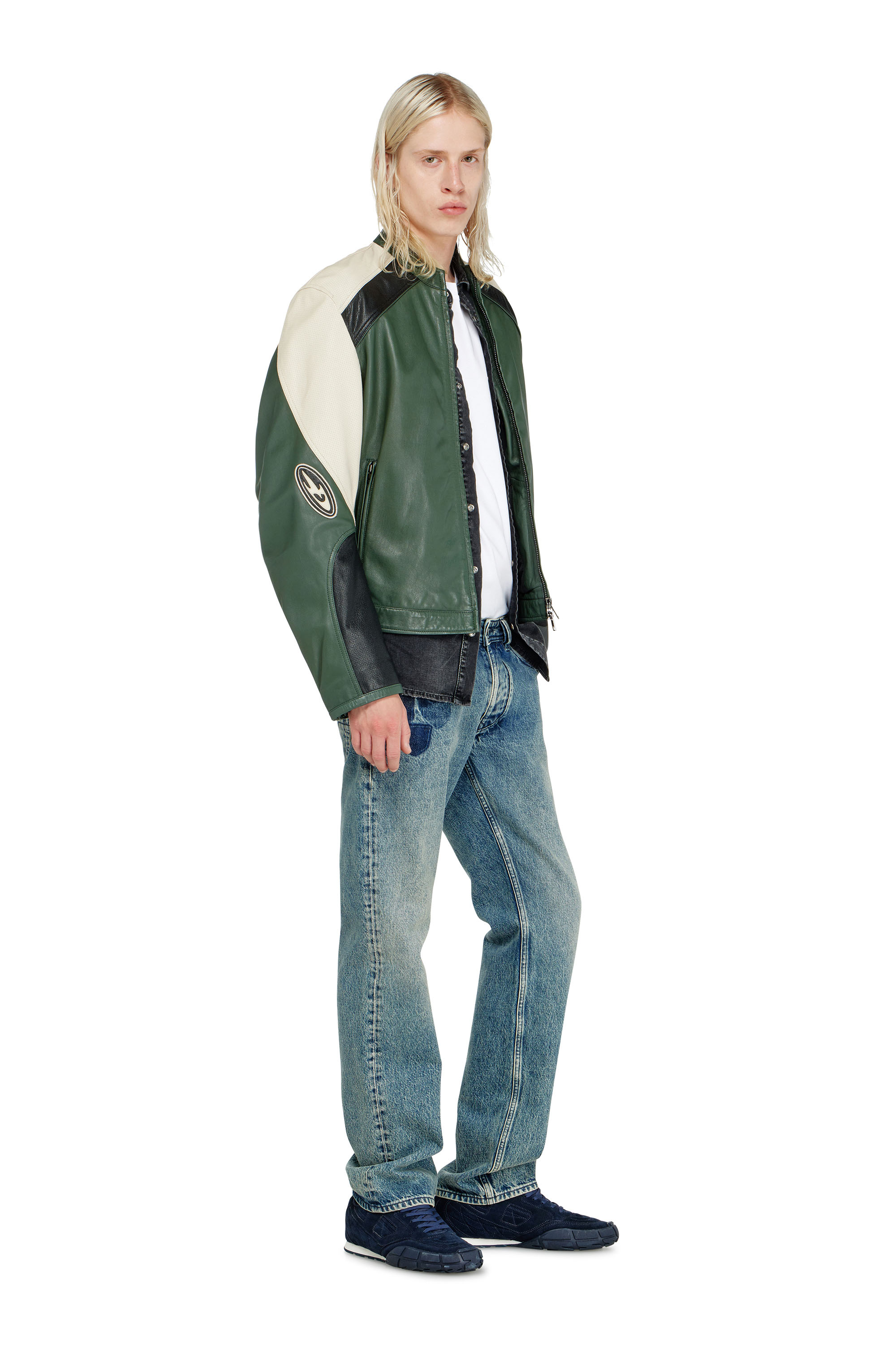 Diesel - L-AHTI, Man's Biker jacket in colour-block perforated leather in null - 2