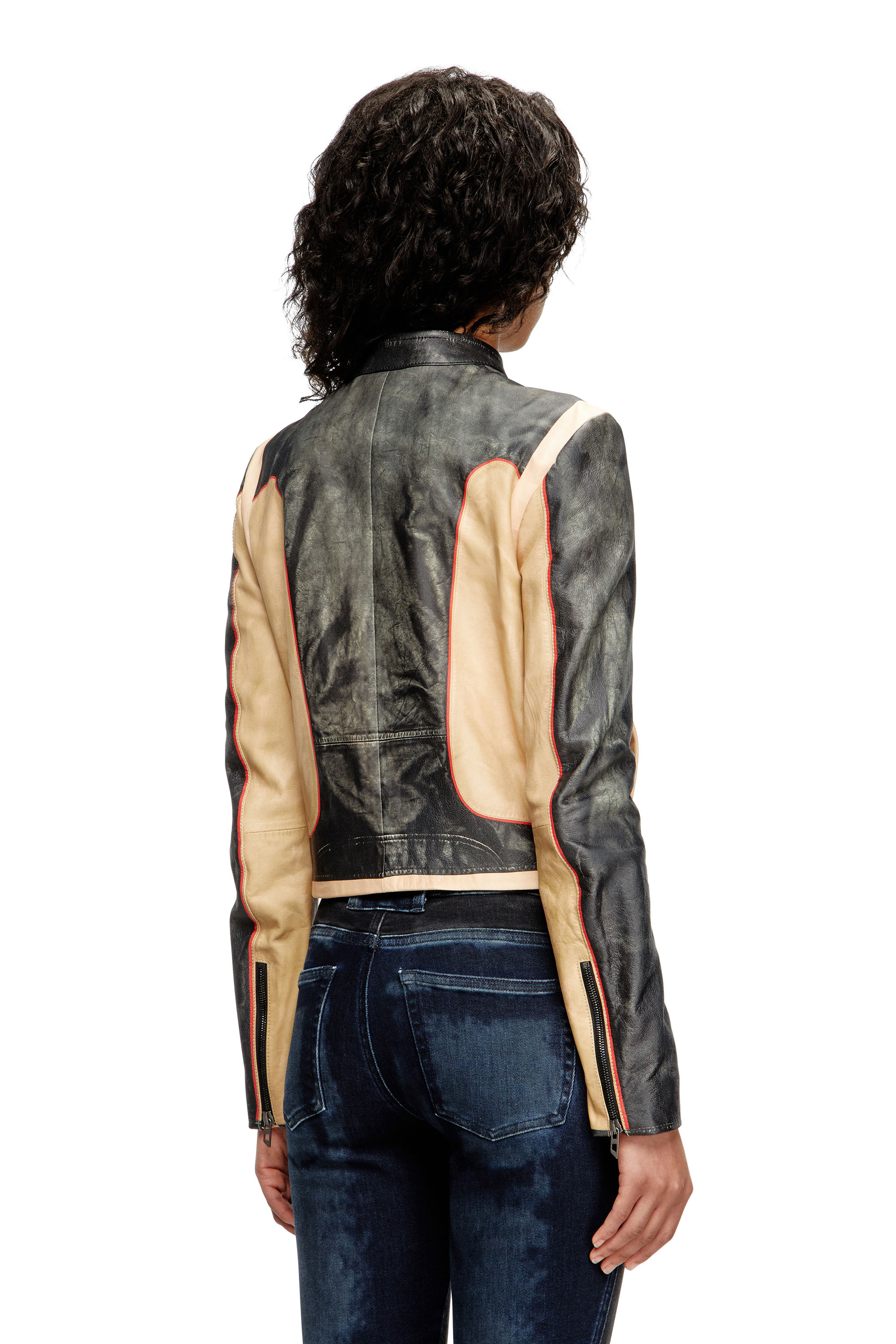 L-OONIE, Beige/Black Diesel - L-OONIE, Woman's Trompe l'oeil-effect leather biker jacket in Beige/Black - 4