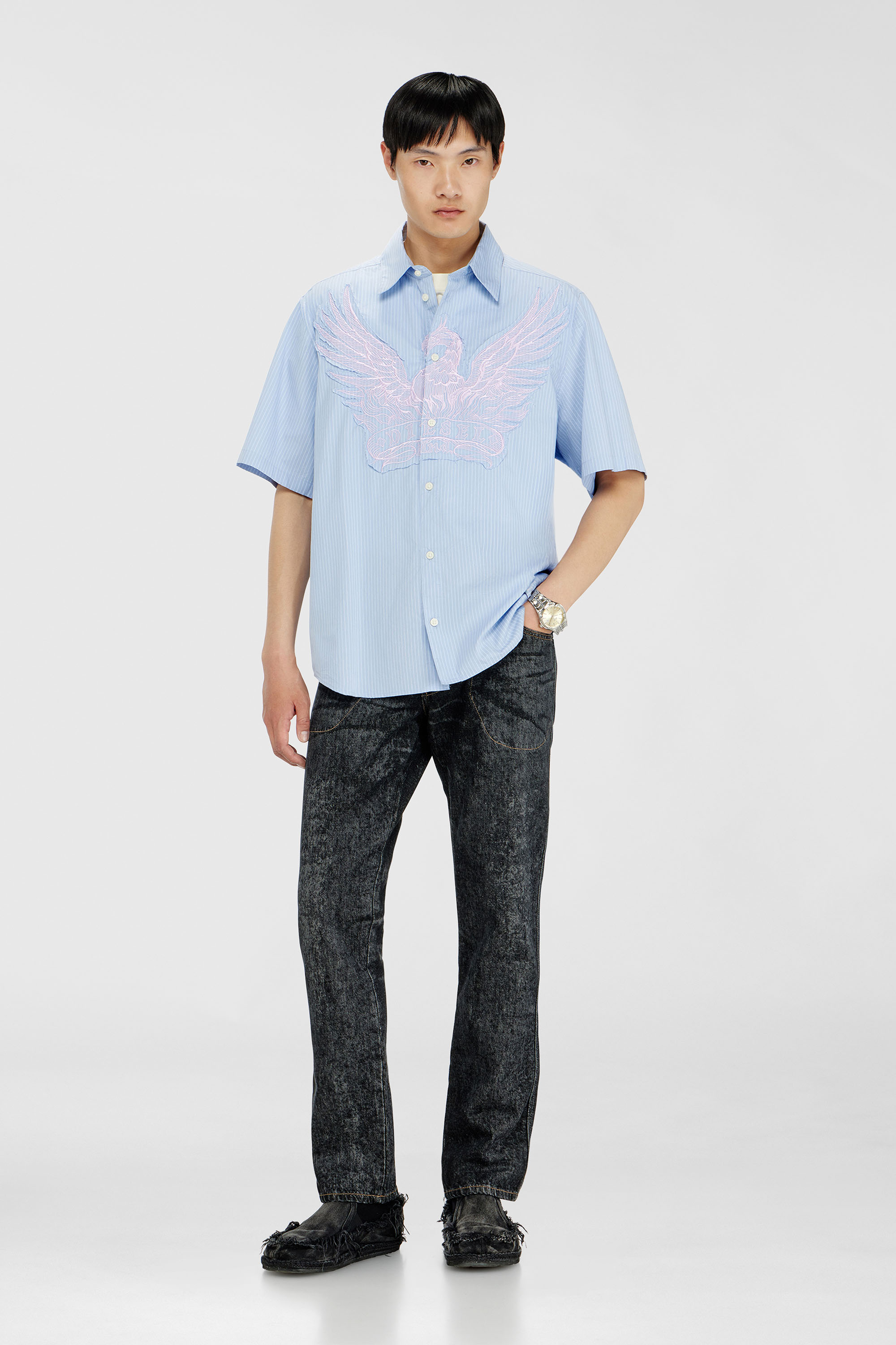Diesel - S-SIMPLY-SS-AGCZ, Man's Striped poplin shirt with embroidered patch in Light Blue - 1