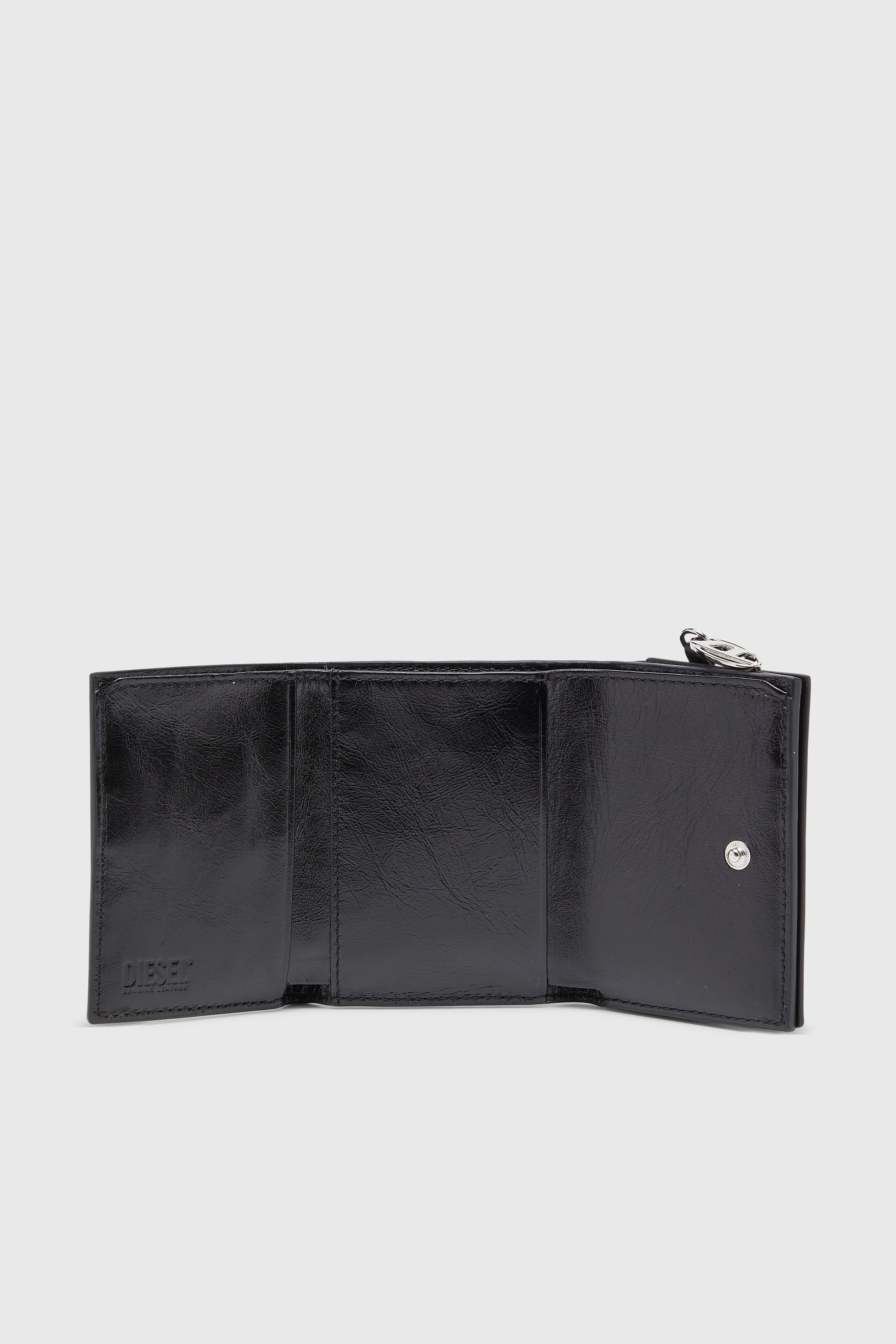 Diesel - OVAL-D TRI FOLD ZIP COIN XS II, Woman's Leather tri-fold wallet with embossed motif in Black - 3