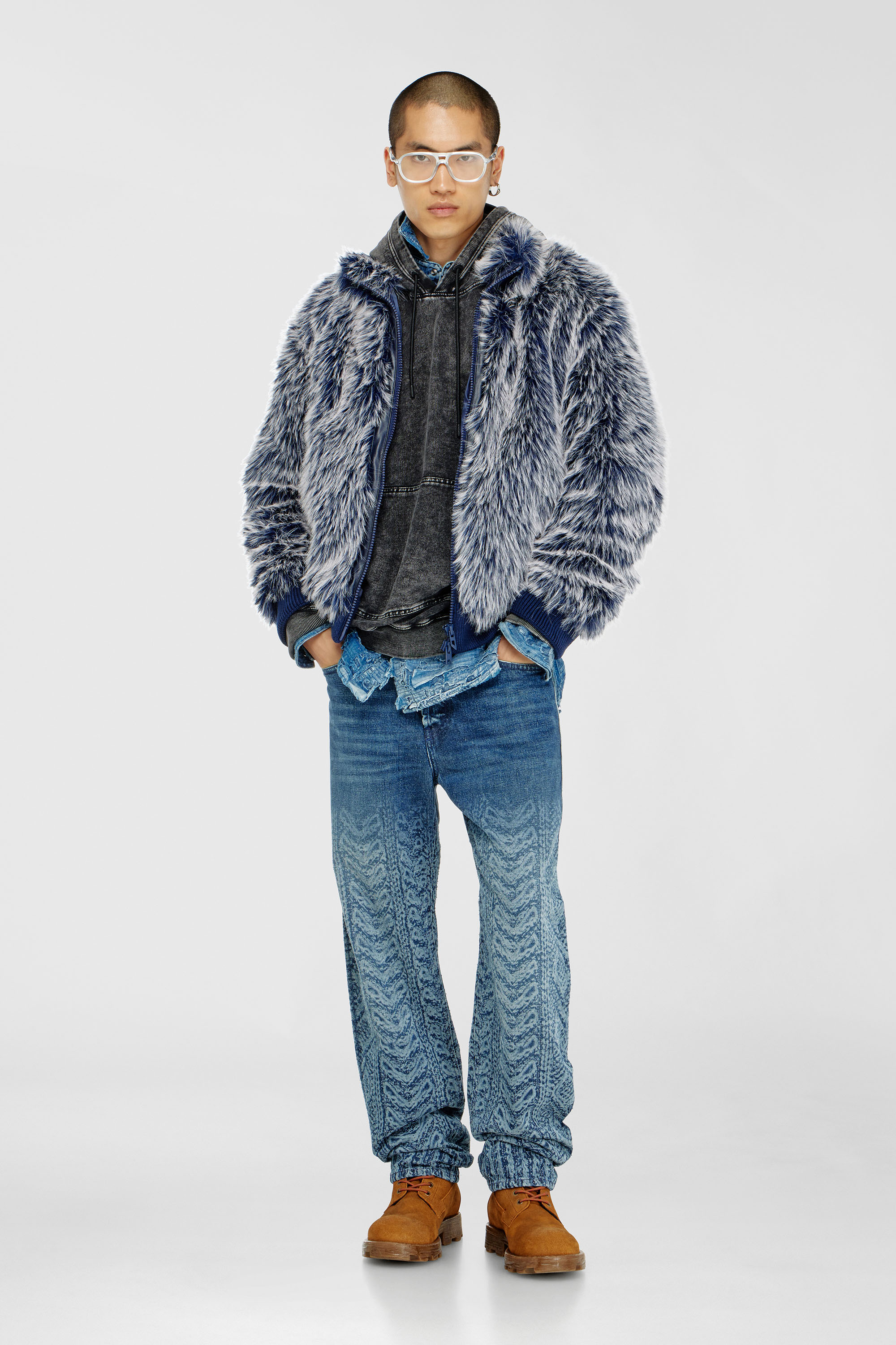 Treated denim-effect hoodie