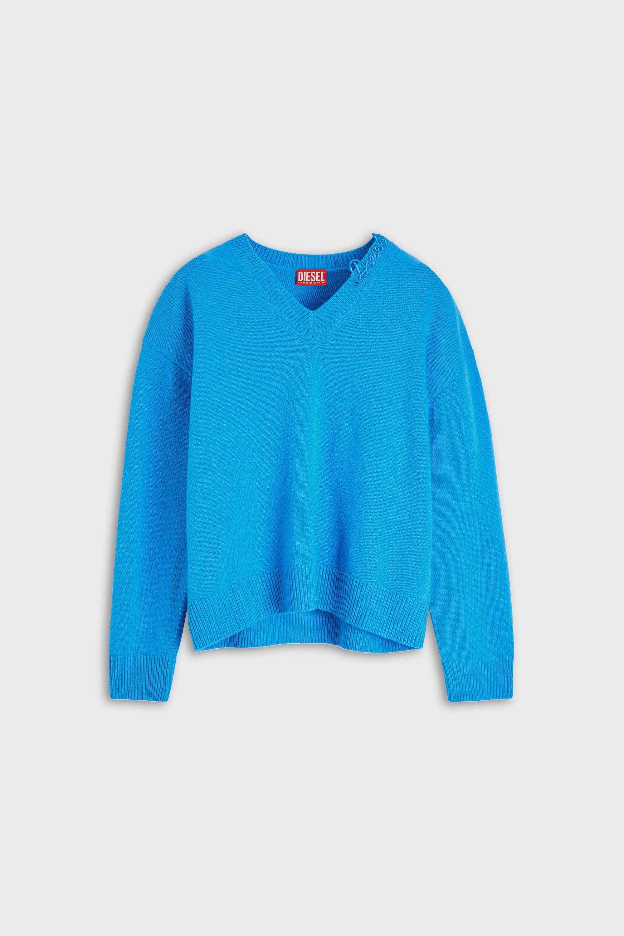 Diesel - M-IMOSA, Woman's Wool V-neck jumper with neck logo in Azure - 2