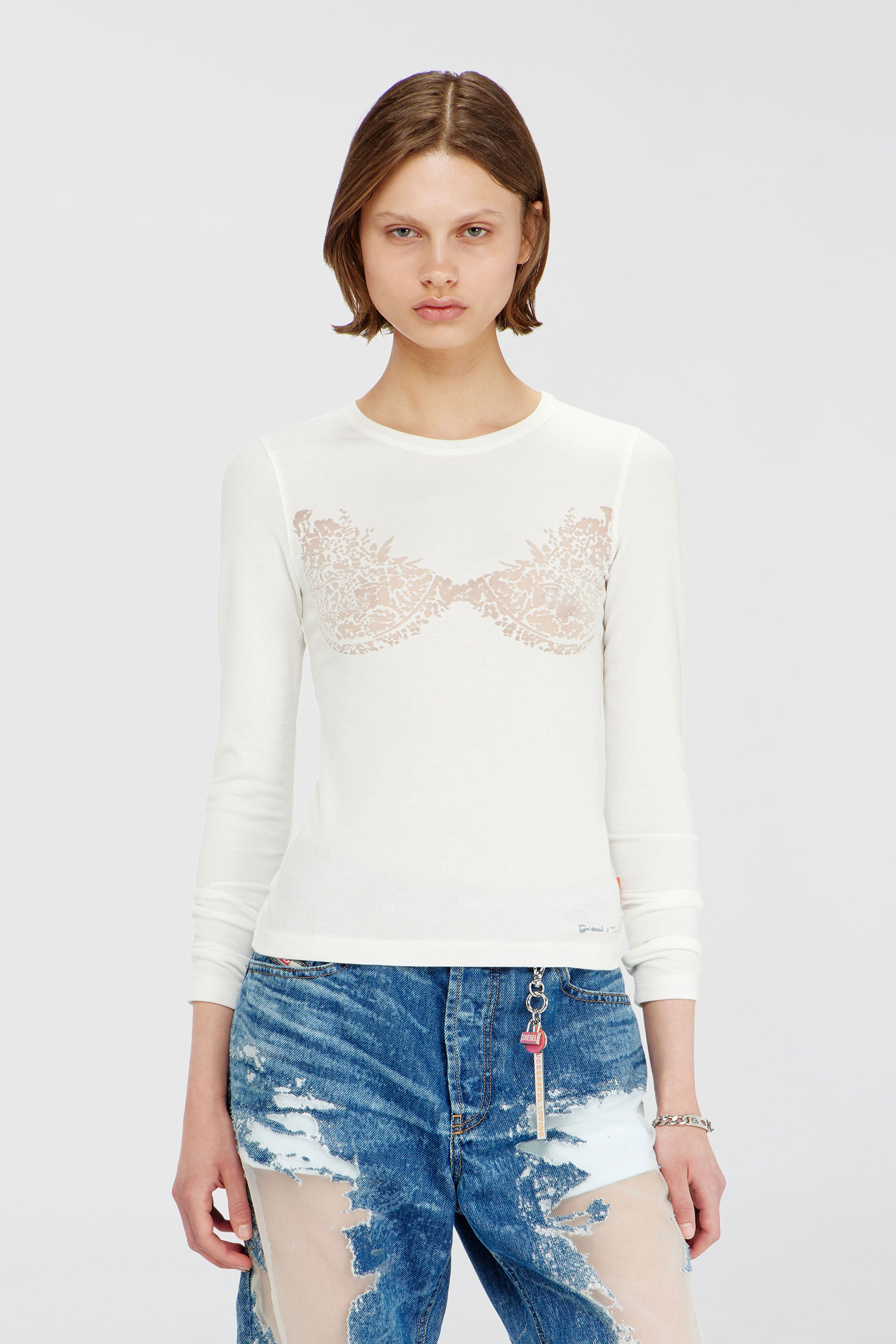 Diesel - PR-T-MOKKI-LS-R, Woman's Top with devor&eacute; lace effect in White - 1