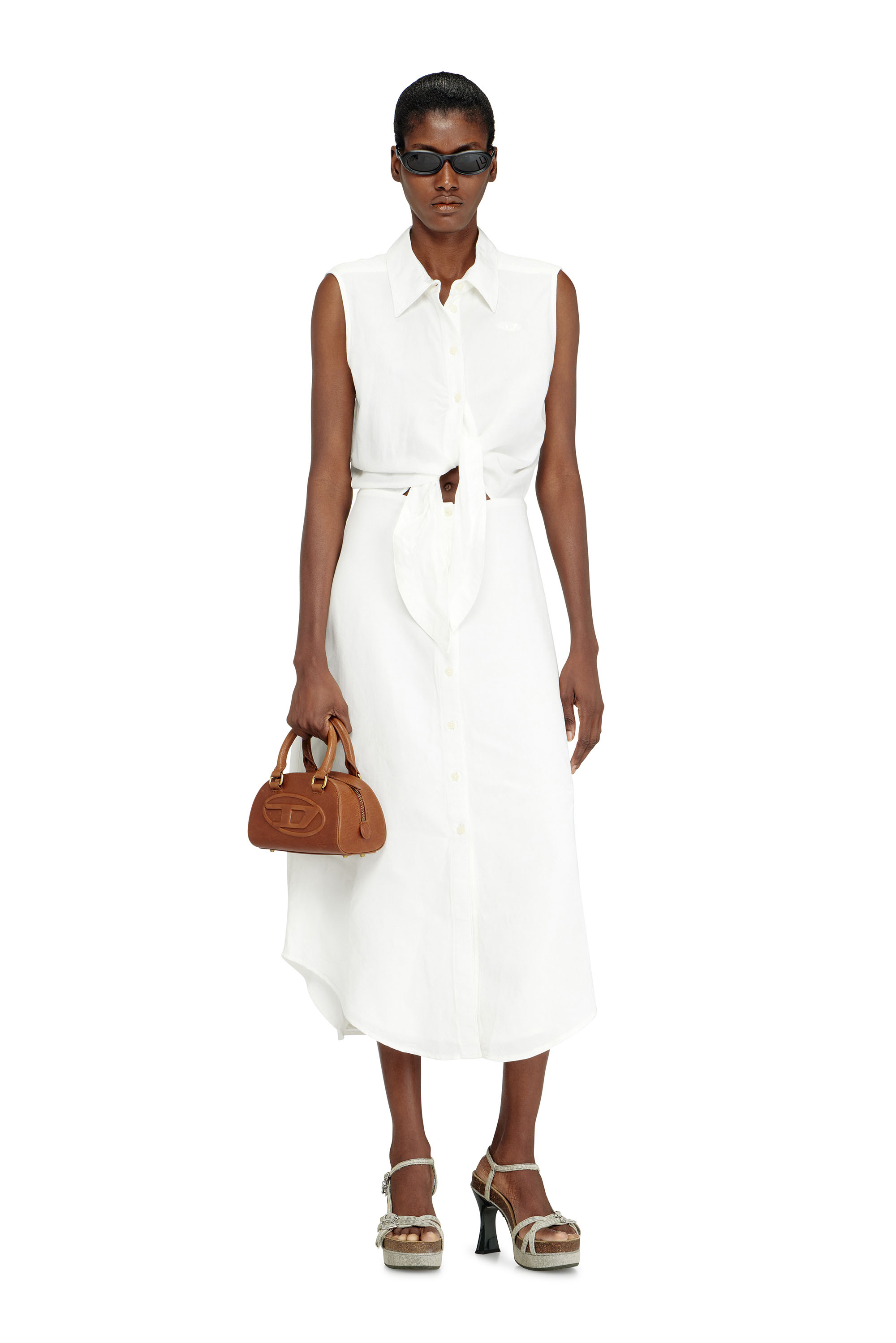 Diesel - D-ELTA-SL, Woman's Linen-blend midi dress with knot detail in White - 2