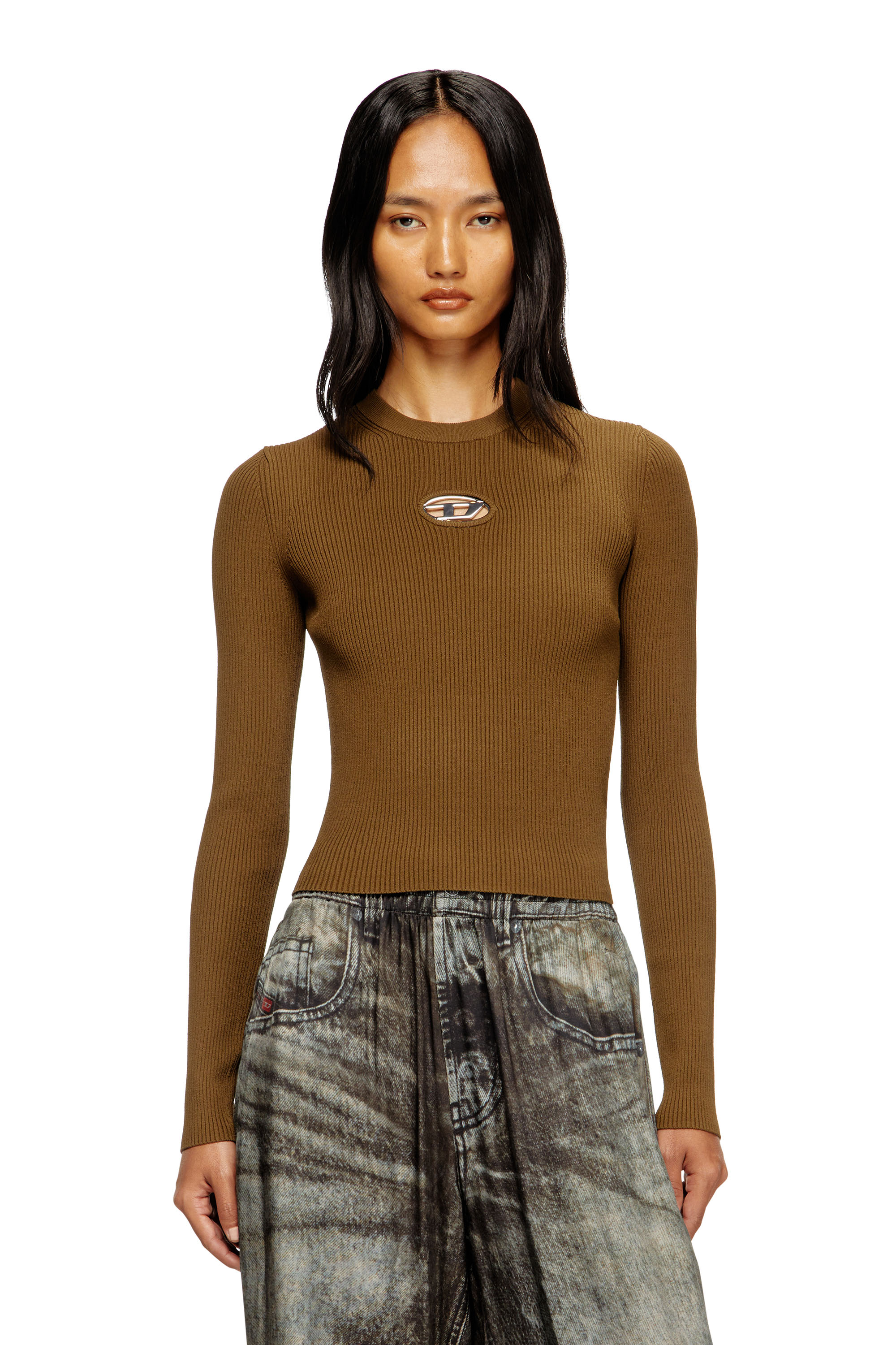 Diesel - M-VALARI, Woman's Rib-knit viscose-blend top with Oval D in Brown - 3