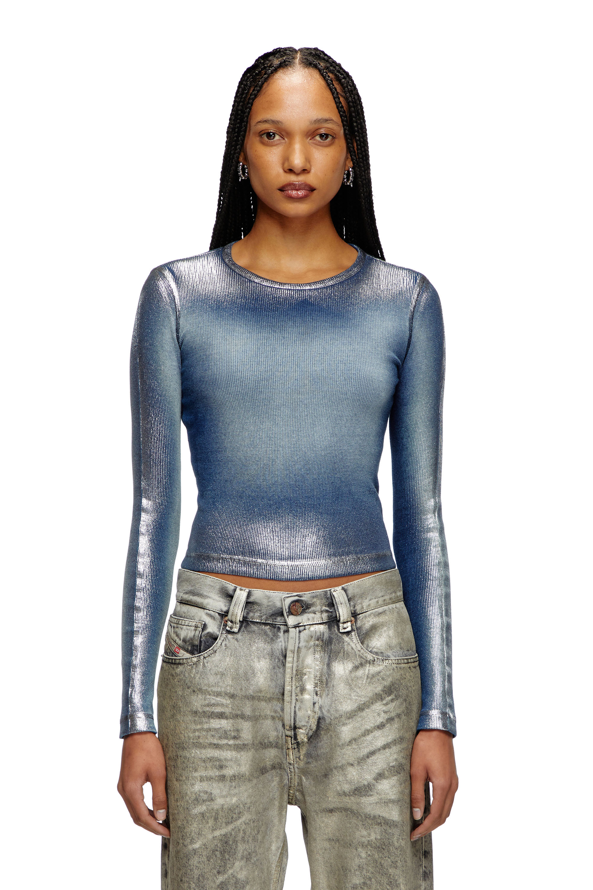 Diesel - T-BANES-NC-Q1, Woman's Faded metallic long-sleeve T-shirt in Blue - 1