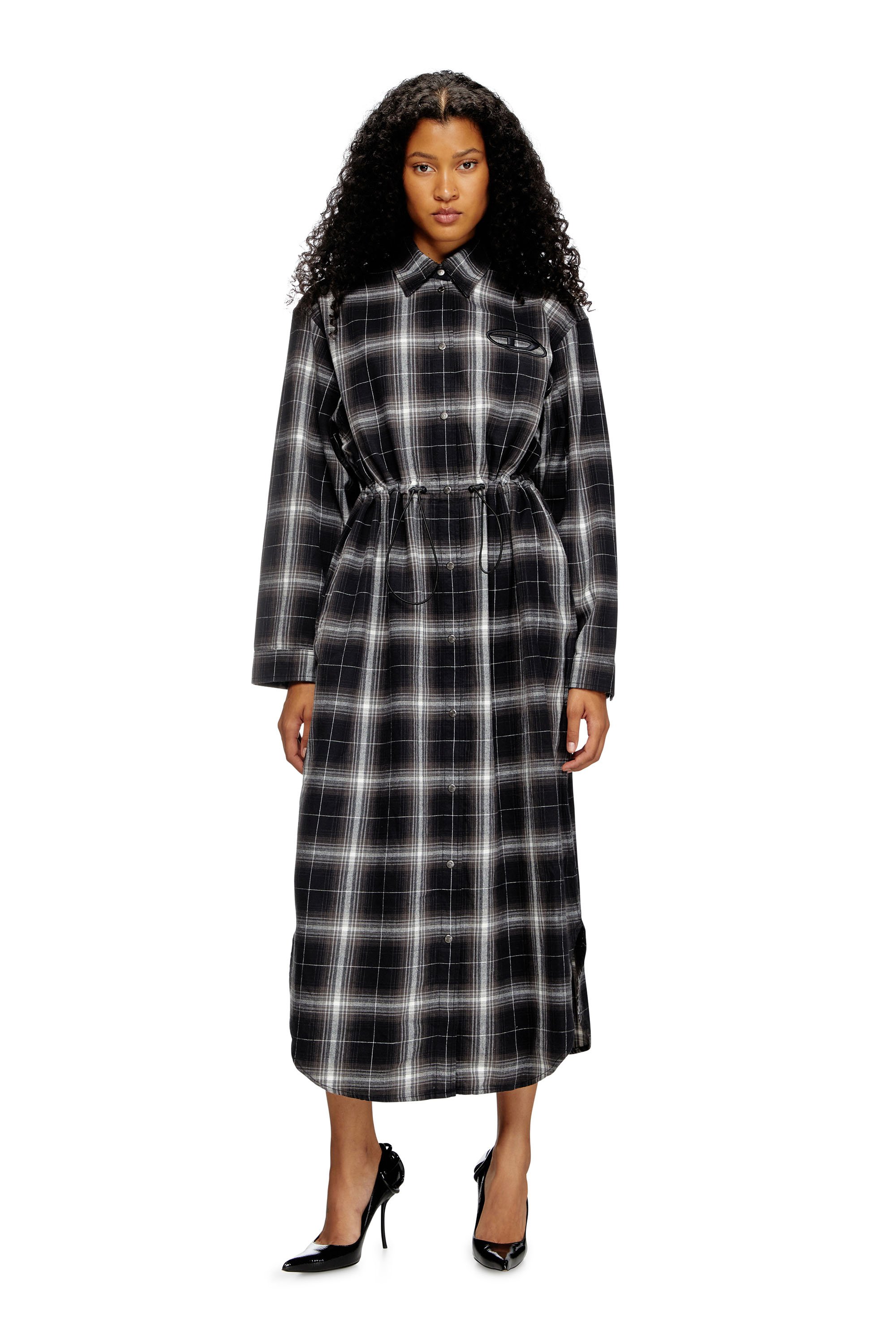 Diesel - D-REAMER, Woman's Midi shirt dress in check flannel in Black/White - 1