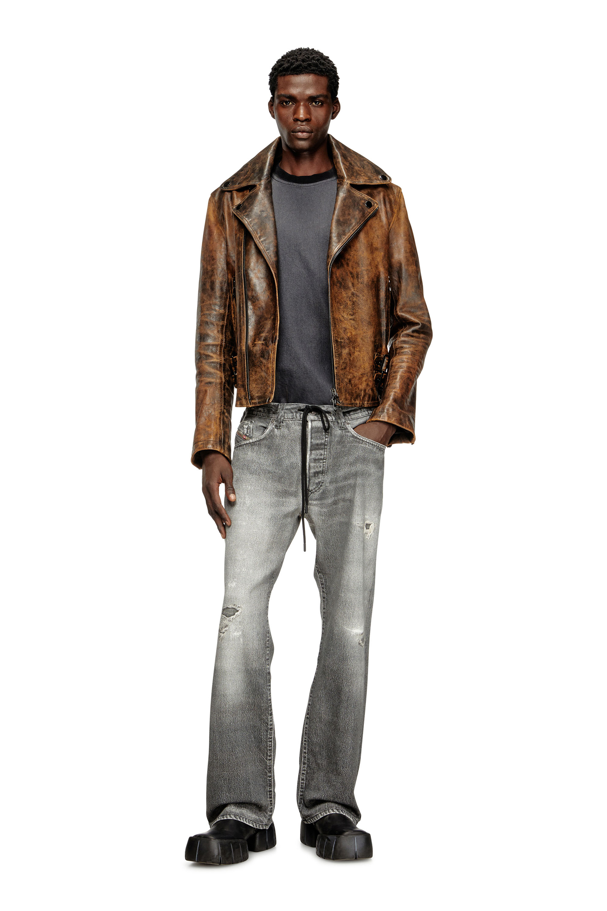 Diesel - L-EON, Man's Biker jacket in treated leather in Brown - 2