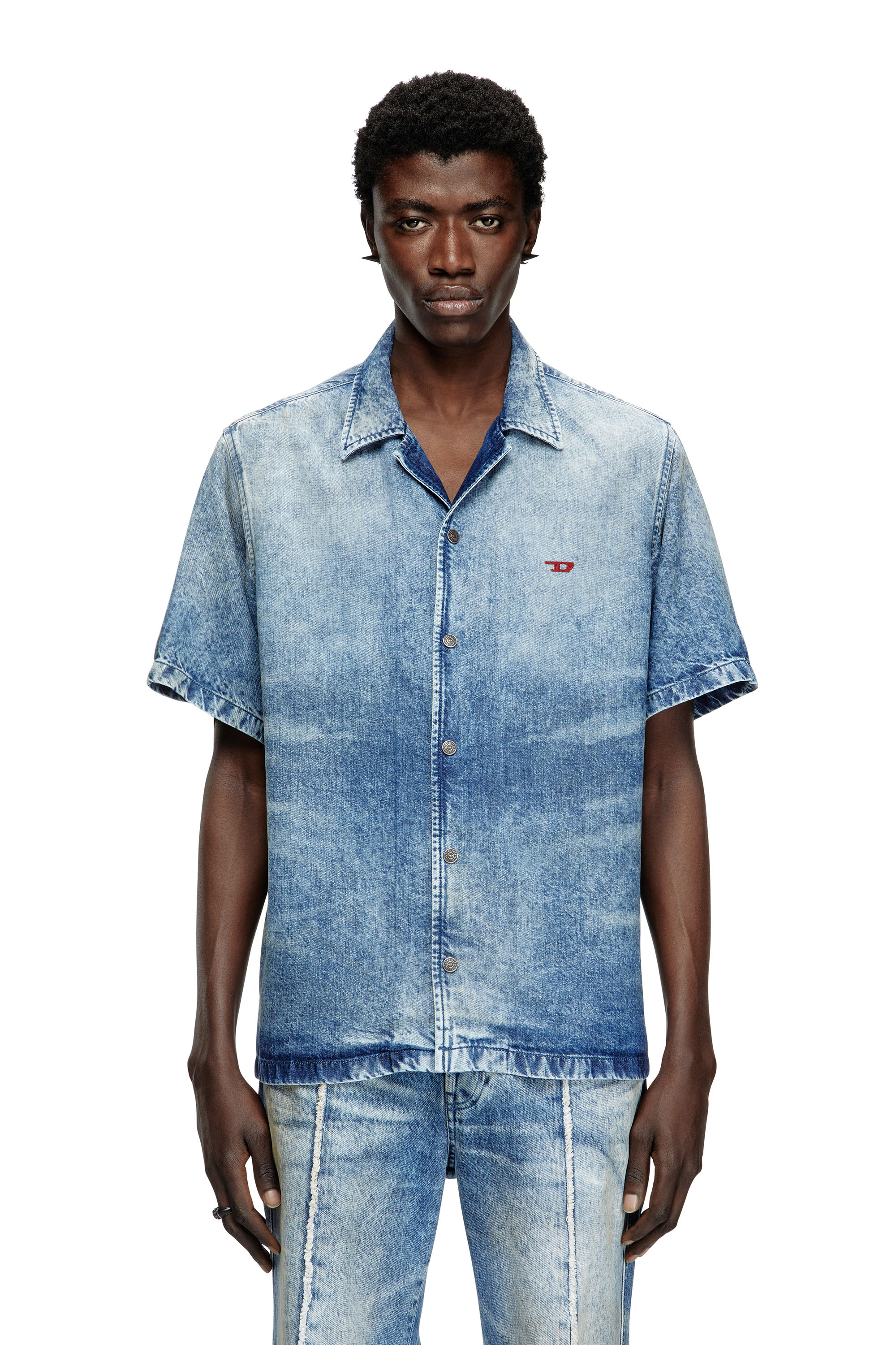 Diesel - D-NABIL-FSG, Man's Bowling shirt in distressed denim in Medium blue - 3