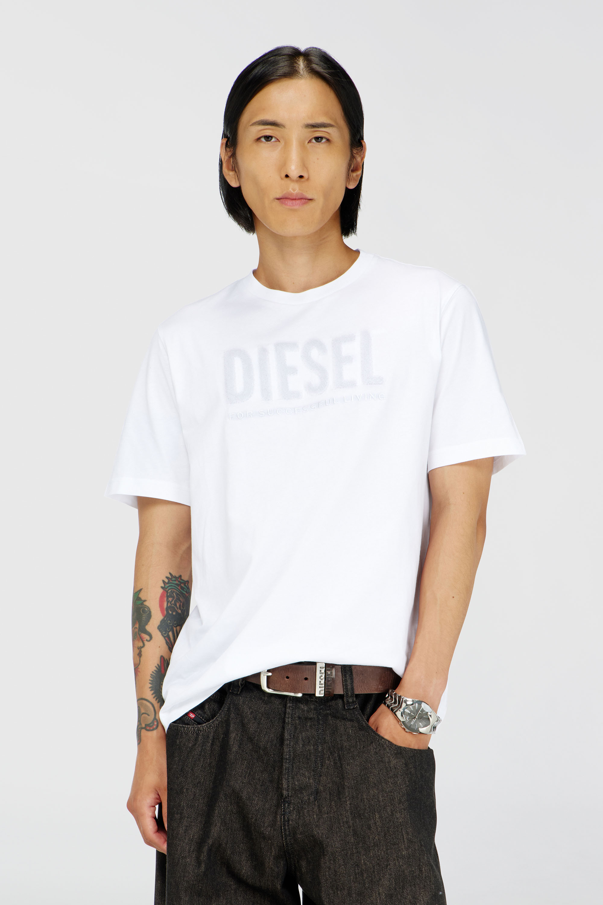 Diesel - T-JUST-OVA-T92, Man's Cotton T-shirt with tonal Diesel logo print in White - 1