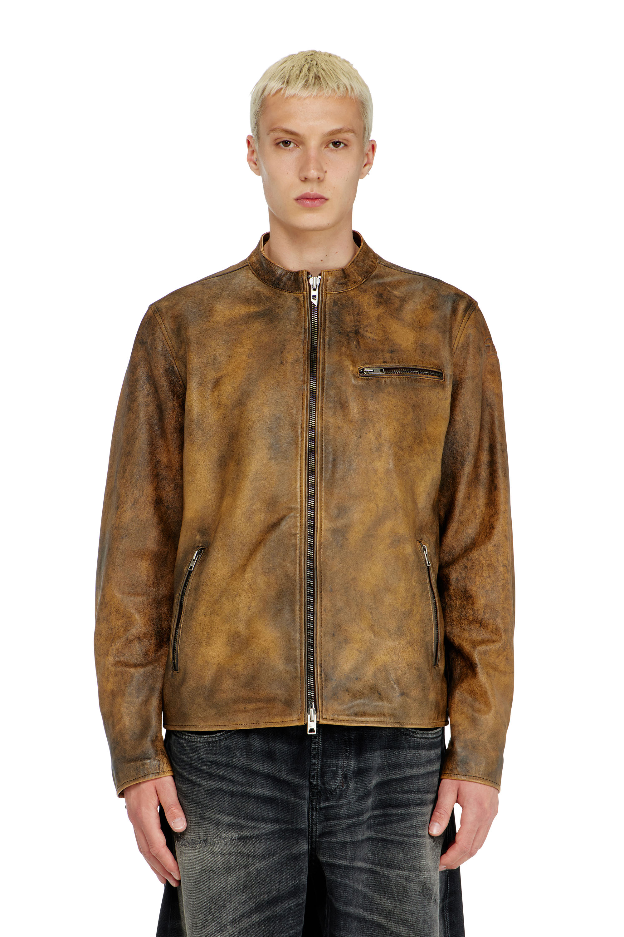 Diesel - L-ZAD-KNCZ, Man's Biker jacket in treated leather in null - 3